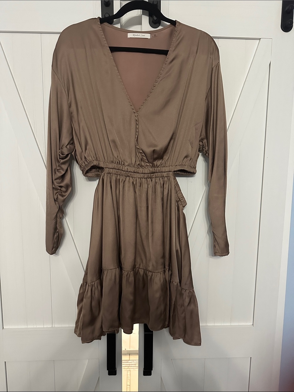 Mustard Seed Taupe Satin Long Sleeve V-Neck Dress